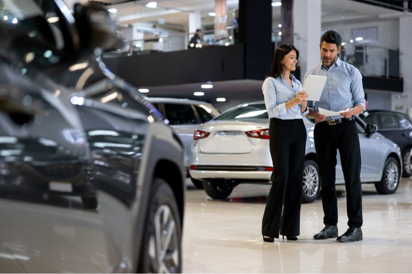 Two salespeople working together in a car showroom